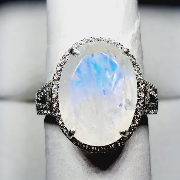 Premium Moonstone & White Zircon halo ring in Plat over 925SS sz 7 10.60 cts - Picture 3 of 5